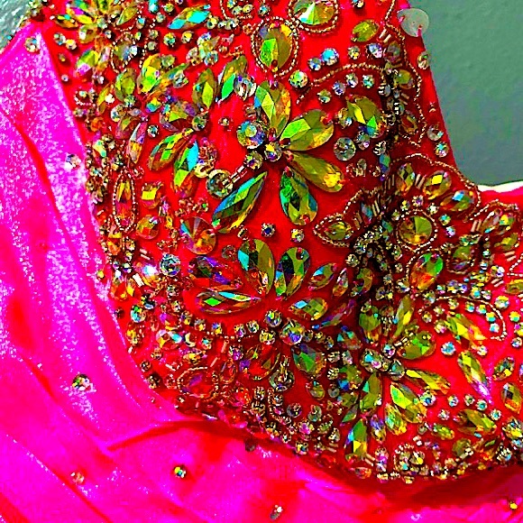 Strapless Pink PROM DRESS WITH IRIDESCENT EMBROIDERED bodice with ruffle bottom. - Picture 11 of 11